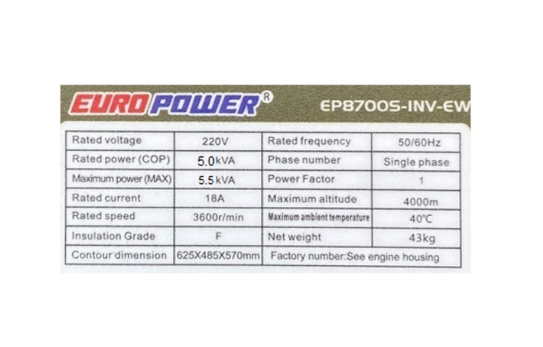موتور برق بنزینی استارتی تک فاز سایلنت اینورتری 5.5 کیلووات یورو پاور EP8700S-INV-EW
